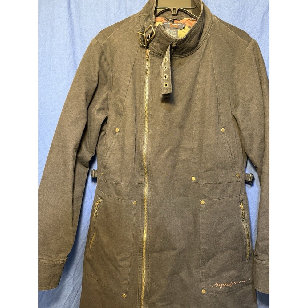 1990's Triple Five Soul Vintage Black Denim Long Jacket with Camo Lining Large - Picture 6 of 9